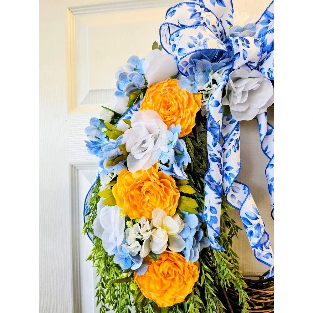 Hand Crafted Floral Grapevine‎ Wreath 16 inch Yellow Ranunculus Blue Hydrangea